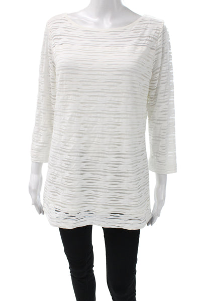 Escada Women Tunic Blouse White Striped Boat Neck 3/4 Sleeve Pullover Size L