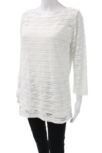 Escada Women Tunic Blouse White Striped Boat Neck 3/4 Sleeve Pullover Size L