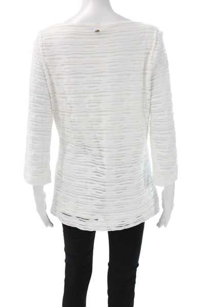 Escada Women Tunic Blouse White Striped Boat Neck 3/4 Sleeve Pullover Size L