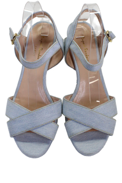 Rupert Sanderson Womens Block Heel Cross Ankle Strap Denim Sandals Blue 10.5