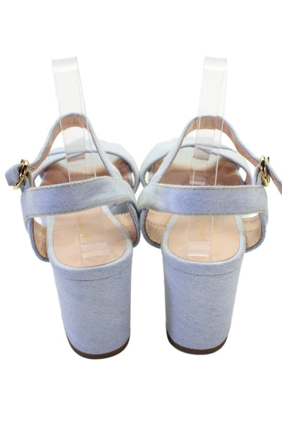 Rupert Sanderson Womens Block Heel Cross Ankle Strap Denim Sandals Blue 10.5