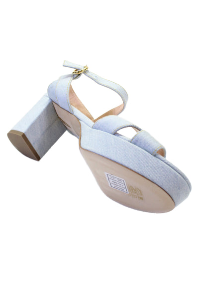 Rupert Sanderson Womens Block Heel Cross Ankle Strap Denim Sandals Blue 10.5