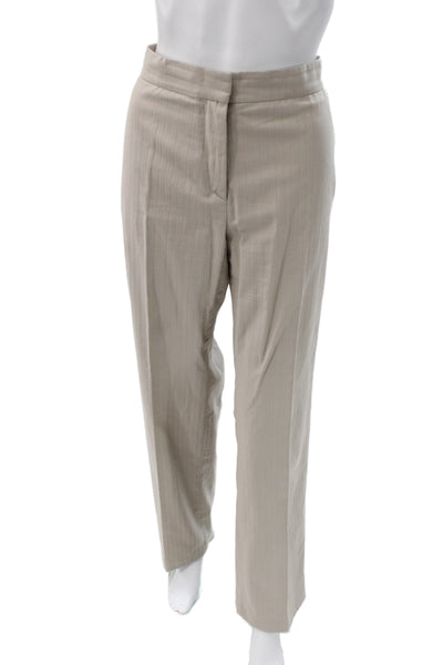 Piazza Sempione Women Beige Herringbone Dress Pants Cotton Button Size 46