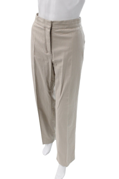 Piazza Sempione Women Beige Herringbone Dress Pants Cotton Button Size 46