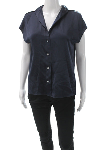 Vince Womens Silk Collared Short Sleeve Basic Blouse Blue Size 2XS