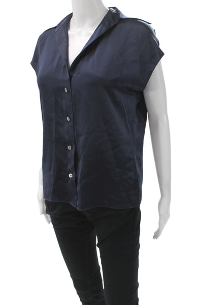 Vince Womens Silk Collared Short Sleeve Basic Blouse Blue Size 2XS