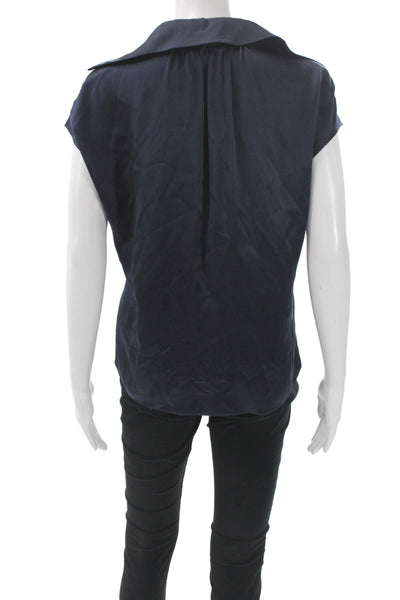 Vince Womens Silk Collared Short Sleeve Basic Blouse Blue Size 2XS