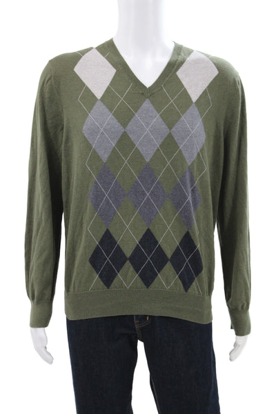 Brooks Brothers Mens V-Neck Argyle Silk Blend Pullover Sweater Size L