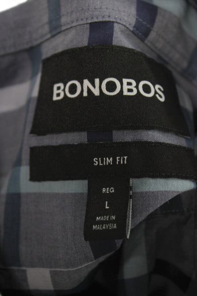 Bonobos Mens Plaid Slim Fit Button Down Shirt Blue Cotton Size Large