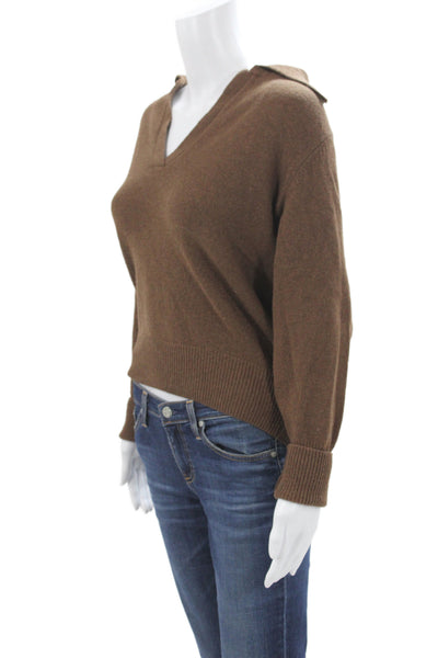 Gimaguas Women Brown Wool V-Neck Pullover Sweater Long Sleeve Size S