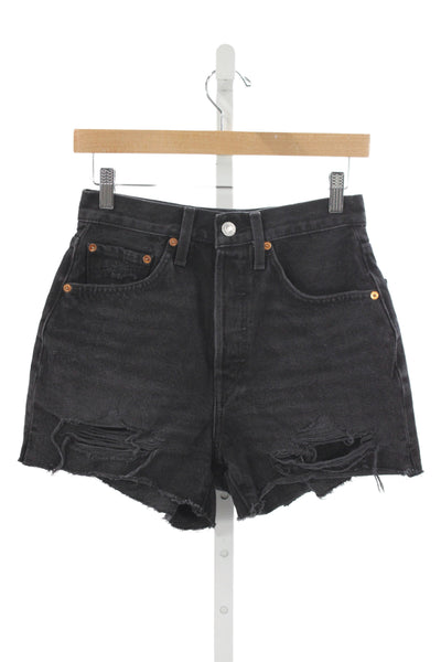 Re/Done Women Cut-Off Black Cotton Distressed Button Shorts Size 25