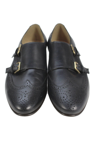 J Crew Womens Brogue Wingtip Double Buckle Flats Shoes Black Size 8.5