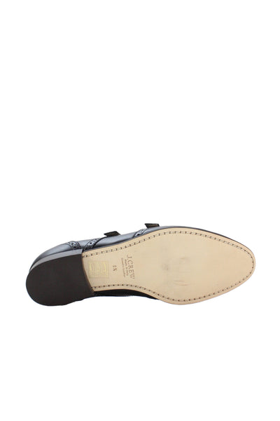 J Crew Womens Brogue Wingtip Double Buckle Flats Shoes Black Size 8.5