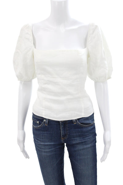 Reformation Womens Linen Square Neck Short Sleeve Blouse White Size 8