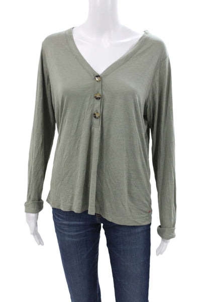 La Ligne Women Basic Green Viscose Henley Button Long Sleeve T-Shirt Size XL