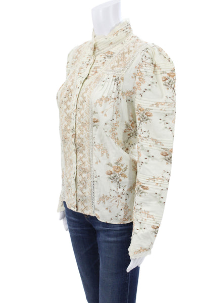 Love Shack Fancy Womens Tunic Blouse Ivory Floral Cotton High Neck Size M