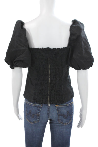 Reformation Women Cropped Linen Square Neck Black Blouse Short Sleeve Size S