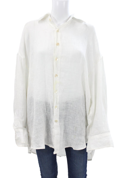 Vitamin A Women Linen Collared Button Up Tunic Beach Long Sleeve White Size M