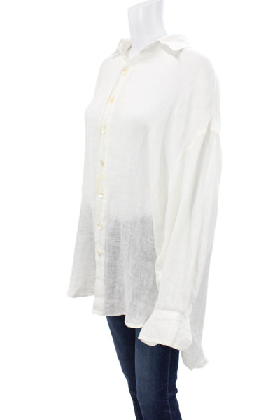 Vitamin A Women Linen Collared Button Up Tunic Beach Long Sleeve White Size M