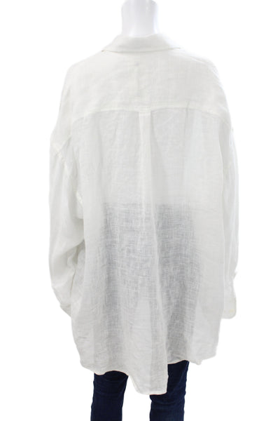Vitamin A Women Linen Collared Button Up Tunic Beach Long Sleeve White Size M