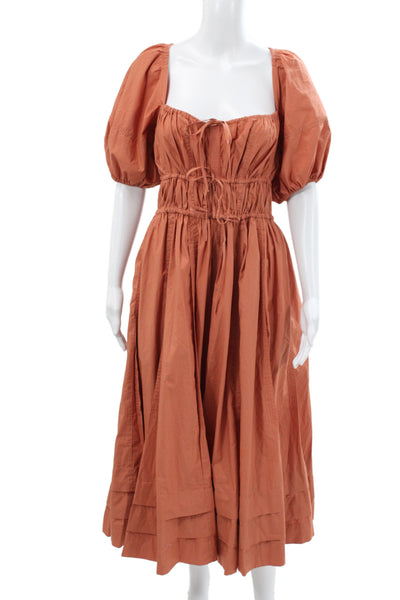 Ulla Johnson Women Fit & Flare Orange Cotton Square Neck Mid-Calf Dress Size 8