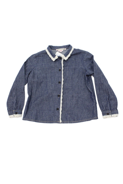 Bonpoint Girls Cotton Collar Button Front Long Sleeve Blouse Top Blue Size 4