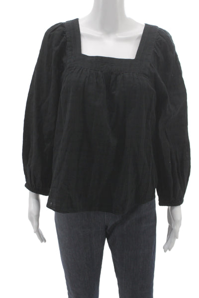 Madewell Women Basic Square Neck 3/4 Sleeve Cotton Blouse Black Size S