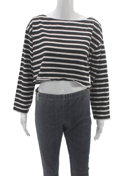 J Crew Women Cropped Striped Black Boat Neck Long Sleeve T Shirt Size S
