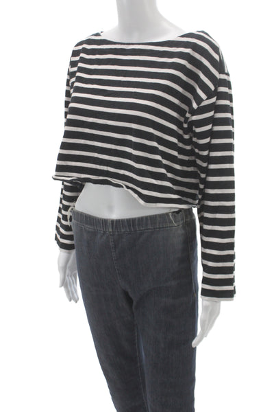 J Crew Women Cropped Striped Black Boat Neck Long Sleeve T Shirt Size S