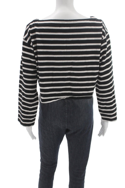J Crew Women Cropped Striped Black Boat Neck Long Sleeve T Shirt Size S