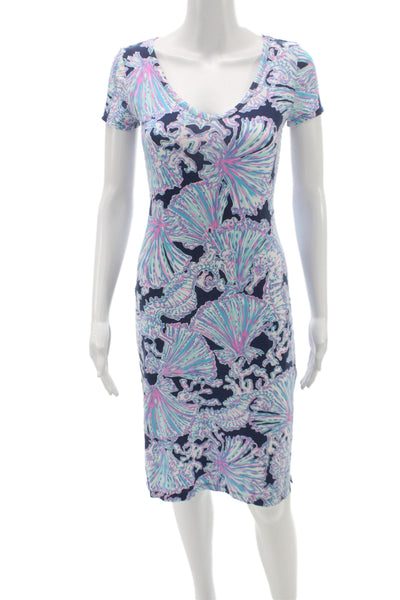 Lilly Pulitzer Women Sheath Dress Blue Floral V-Neck Short Sleeve Midi Size XS