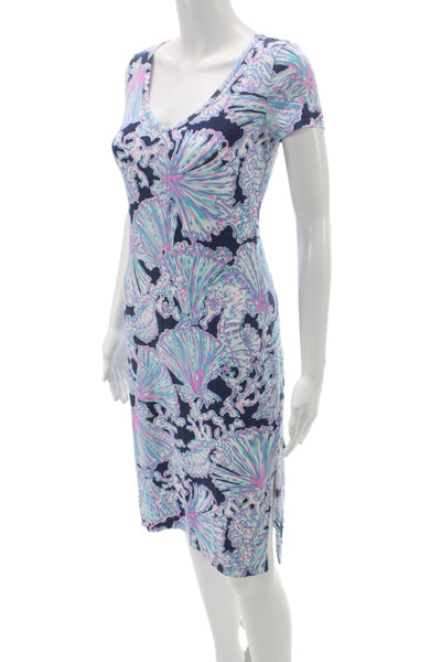 Lilly Pulitzer Women Sheath Dress Blue Floral V-Neck Short Sleeve Midi Size XS