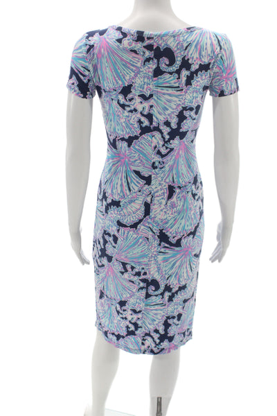 Lilly Pulitzer Women Sheath Dress Blue Floral V-Neck Short Sleeve Midi Size XS