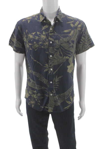 J Crew Mens Button Up Tropical Floral Collared Short Sleeve Blue Shirt Size M