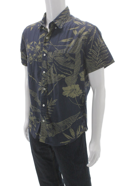 J Crew Mens Button Up Tropical Floral Collared Short Sleeve Blue Shirt Size M