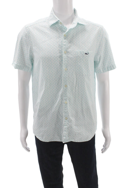 Vineyard Vines Mens Blue Graphic Fish Button Up Short Sleeve Cotton Shirt Size M