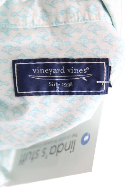 Vineyard Vines Mens Blue Graphic Fish Button Up Short Sleeve Cotton Shirt Size M