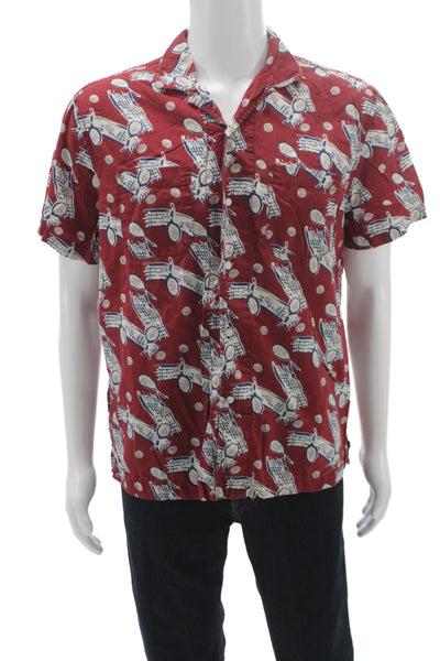 J Crew Mens Button Up Short Sleeve Red Graphic Cotton Size M