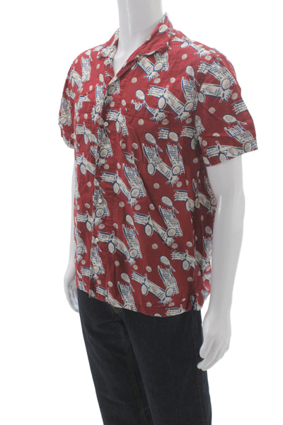 J Crew Mens Button Up Short Sleeve Red Graphic Cotton Size M