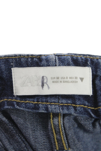 Zara Womens Wide Leg Jeans Blue High Rise Button 100% Cotton Size 0