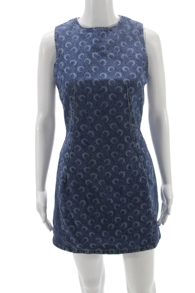 Marine Serre Women Mini Dress Blue Geometric Round Neck Sleeveless Size 40