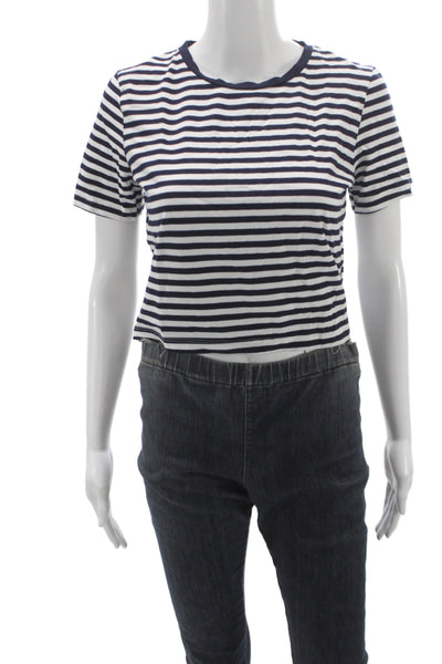Zara Women Cropped Striped Blue Cotton Crew Neck Short Sleeve T-Shirt Size L
