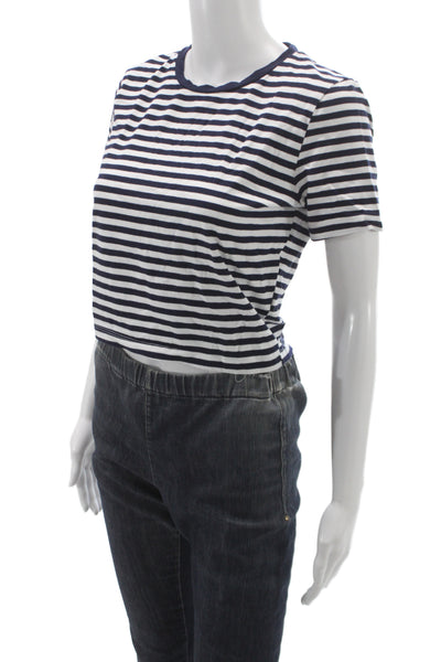 Zara Women Cropped Striped Blue Cotton Crew Neck Short Sleeve T-Shirt Size L