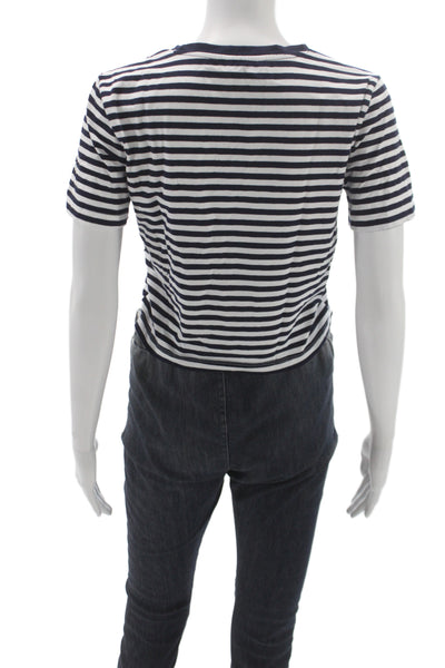 Zara Women Cropped Striped Blue Cotton Crew Neck Short Sleeve T-Shirt Size L