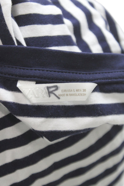 Zara Women Cropped Striped Blue Cotton Crew Neck Short Sleeve T-Shirt Size L
