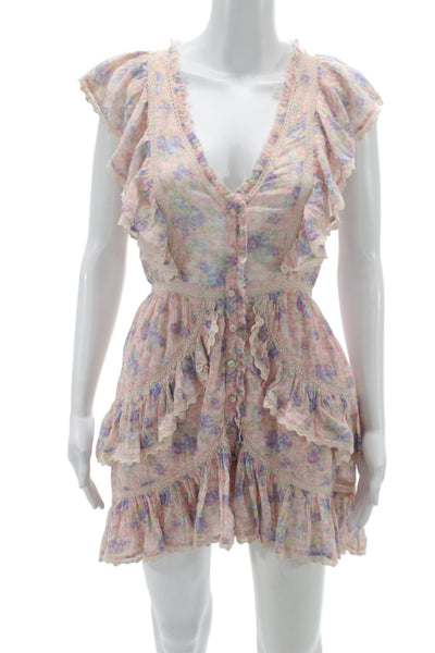 Love Shack Fancy Women Mini Floral Cotton V-Neck Short Sleeve Dress Size PP