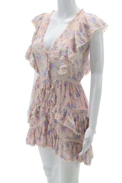 Love Shack Fancy Women Mini Floral Cotton V-Neck Short Sleeve Dress Size PP