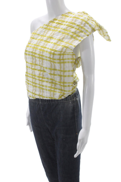 Rosie Assoulin Women Cropped One Shoulder Plaid Sleeveless Blouse White Size S