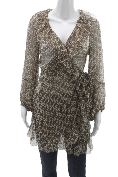 Cloe Cassandro Womens Brown Silk Floral VNeck Mini Blouse Tie Longsleeve Size OS