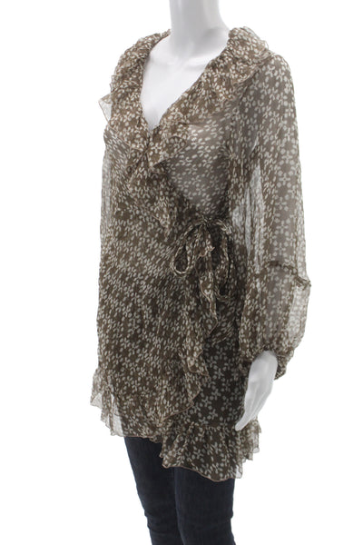 Cloe Cassandro Womens Brown Silk Floral VNeck Mini Blouse Tie Longsleeve Size OS